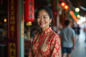 Femme malaisienne en kebaya batik coloré devant une maison de commerce traditionnelle à Chinatown, Kuala Lumpur