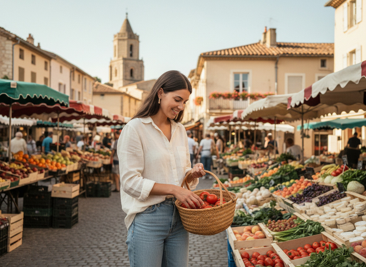 Jeune femme au marché provençal avec panier de produits frais