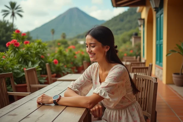 Femme consultant sa montre en terrasse à La Réunion, illustrant le décalage horaire en voyage