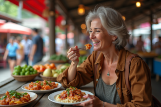 Femme souriante dégustant un plat local au marché