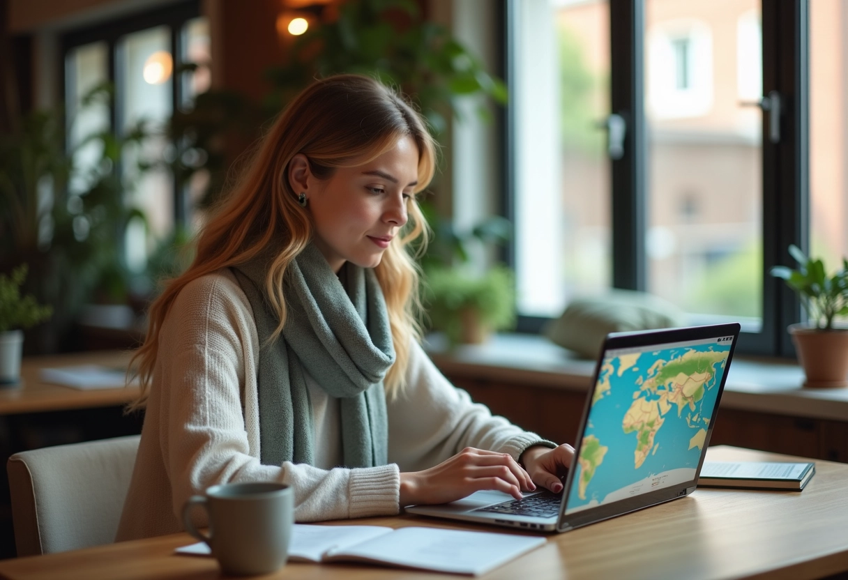 Jeune femme à son bureau étudiant des itinéraires écologiques