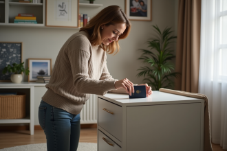 Femme organisée range son passeport dans un classeur à la maison