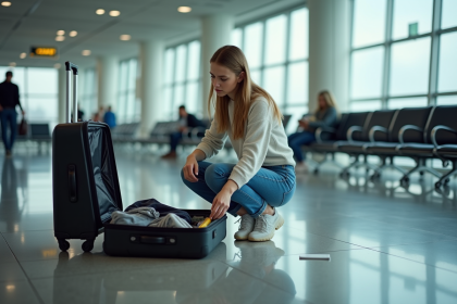 Jeune femme organise ses affaires dans un aéroport moderne