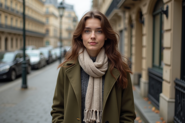 Jeune femme en manteau vert à Paris en automne