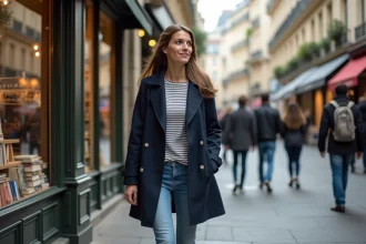 Femme parisienne dans la rue Sainte Honoré contemplant une librairie
