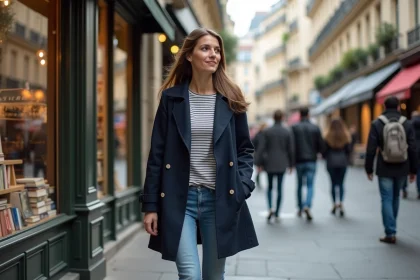 Femme parisienne dans la rue Sainte Honoré contemplant une librairie