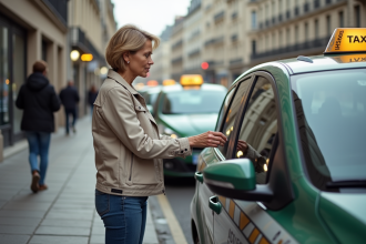 Femme vérifiant l'identifiant d'un taxi parisien