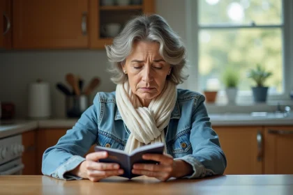 Femme examinant son passeport français dans la cuisine