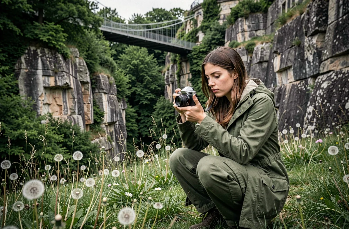 Jeune femme photographiant des fleurs sauvages au Parc des Buttes-Chaumont à Paris