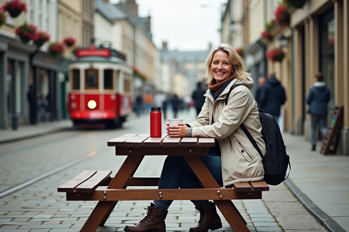 Femme détendue buvant du café sur une place ancienne à Douglas