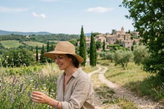 Femme en Provence touchant de la lavande dans un paysage rural