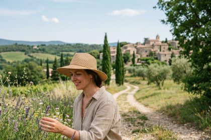 Femme en Provence touchant de la lavande dans un paysage rural