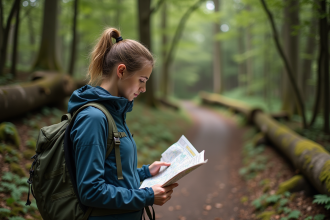 Jeune femme en randonnée avec carte dans la forêt