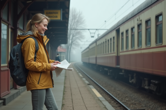 Jeune femme souriante vérifiant une carte à une gare russe