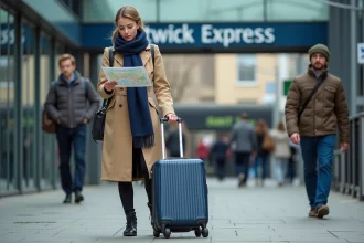 Jeune femme avec valise devant gare londonienne