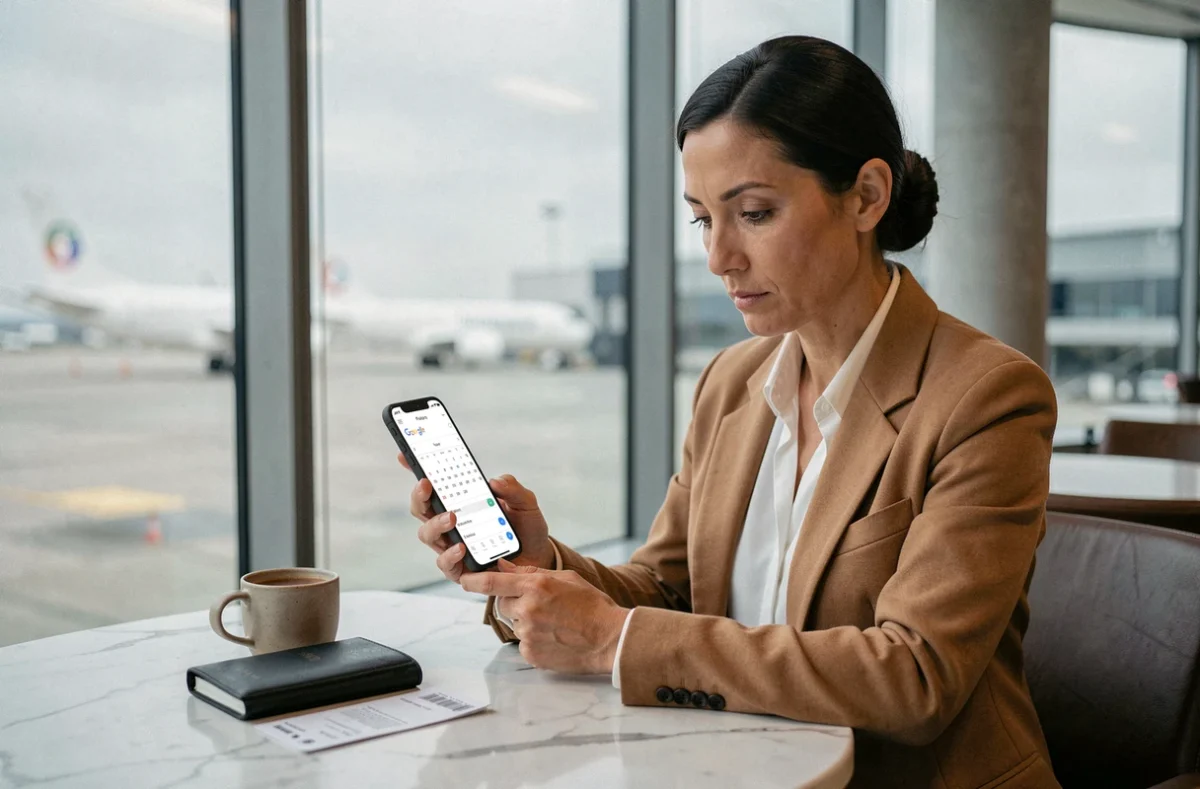 Femme dans un salon d'aéroport utilisant l'application Google Flights sur smartphone pour trouver des vols business pas chers