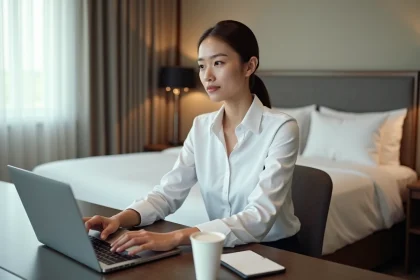 Femme en télétravail installée au bureau d'une chambre d'hôtel lors d'une daysue, avec un ordinateur portable et un café