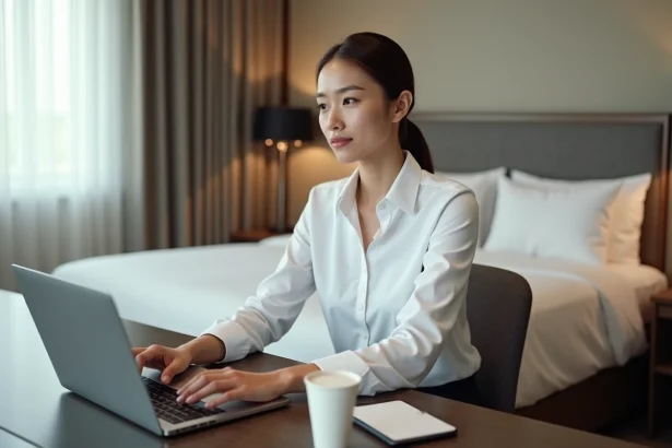 Femme en télétravail installée au bureau d'une chambre d'hôtel lors d'une daysue, avec un ordinateur portable et un café