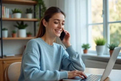 Jeune femme au bureau à domicile avec téléphone et ordinateur