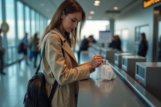 Femme préparant son parfum à l'aéroport lors du contrôle de sécurité