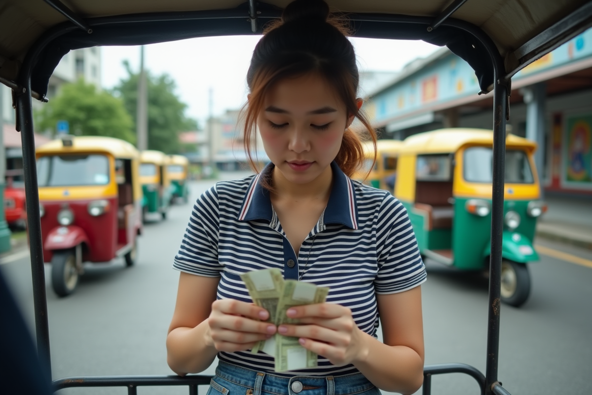 Jeune femme thaïlandaise comptant ses gains de tuk tuk