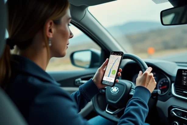 Femme au volant consultant l'application GPS ViaMichelin sur son smartphone pour calculer son itinéraire routier