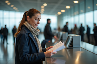 Femme d'âge moyen vérifiant documents d'assurance voyage à l'aéroport
