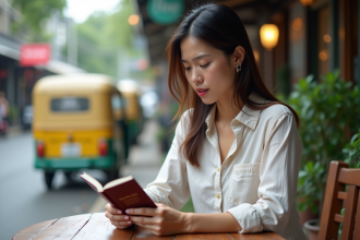 Femme asiatique regardant son permis de conduire en Thaïlande