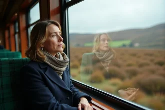 Femme contemplant le paysage écossais depuis le train