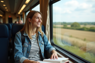 Jeune femme souriante en train de voyager en train en campagne