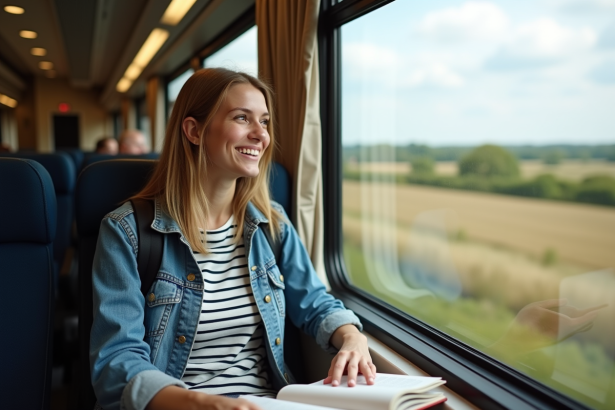 Jeune femme souriante en train de voyager en train en campagne
