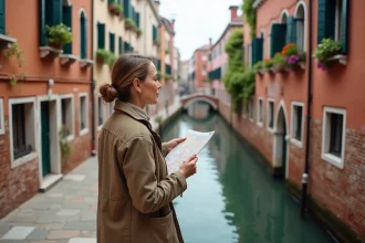 Femme en voyage à Venise sur un pont coloré