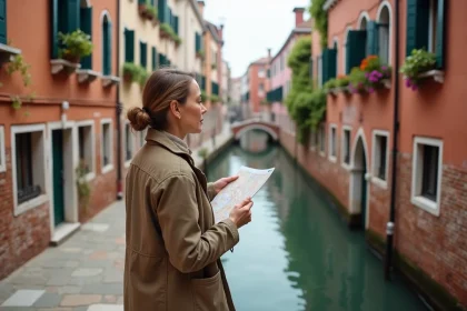 Femme en voyage à Venise sur un pont coloré