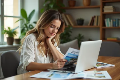 Jeune femme consulte brochures de voyage à la maison