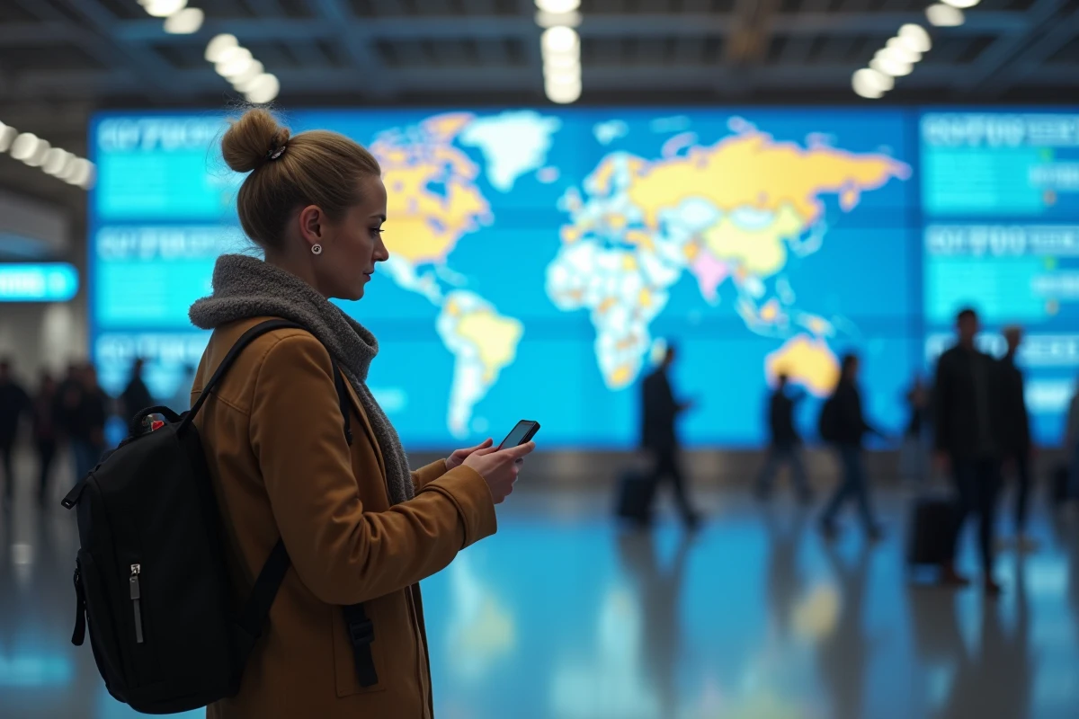 Femme voyageuse regarde son smartphone dans un terminal