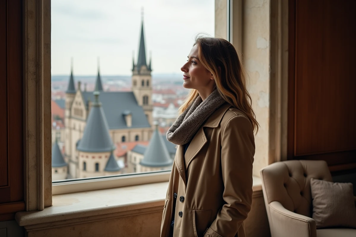 Femme regardant la ville de Dijon depuis une fenêtre