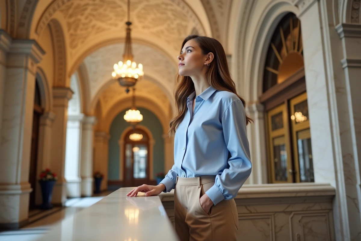 Jeune femme admirant le plafond voûté du Woolworth Building