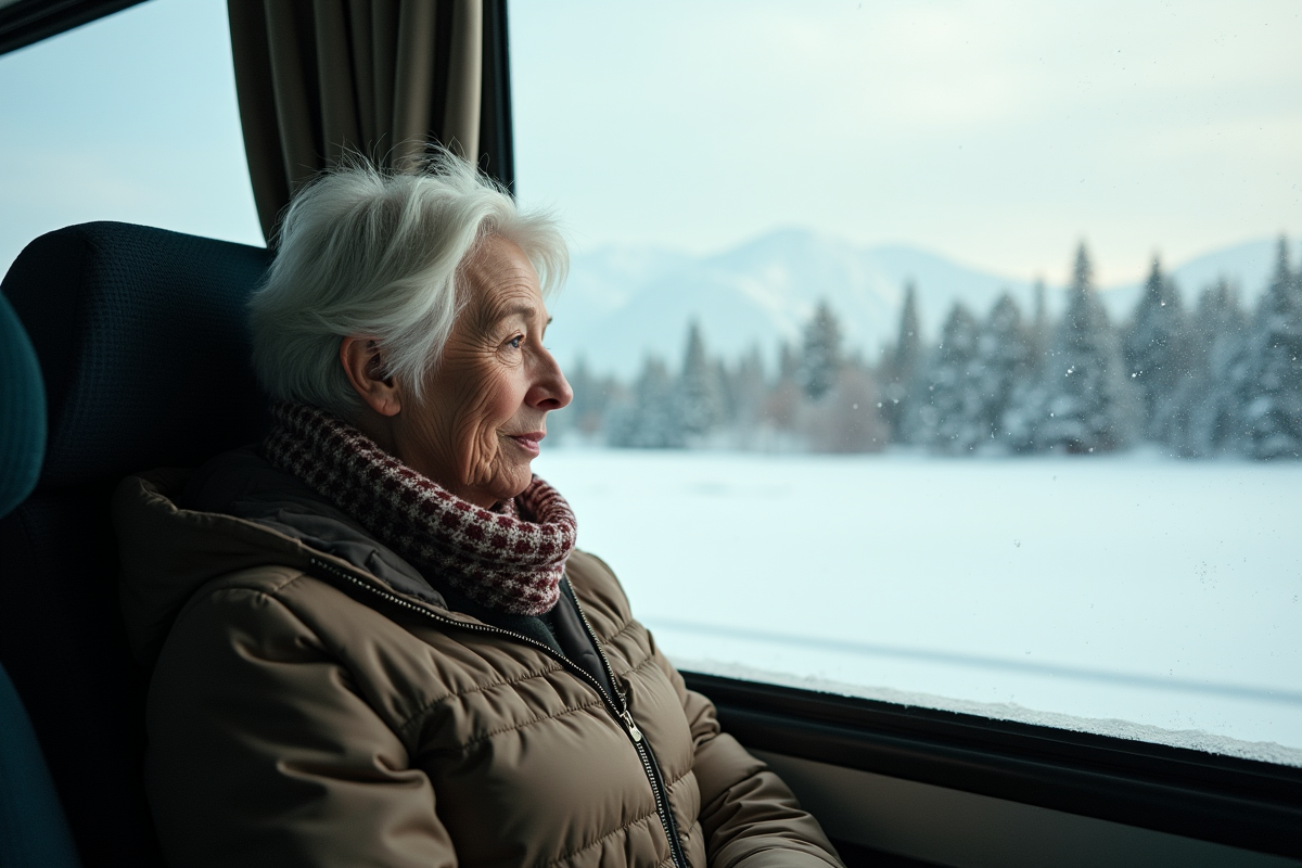 Femme regardant par la fenêtre d’un bus en Sibérie