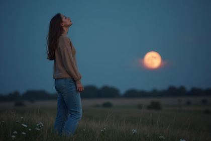 Jeune femme regardant la lune pleine dans le ciel nocturne