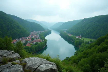Vue panoramique du fleuve Rhin traversant une vallée verdoyante en Allemagne avec villages historiques en arrière-plan