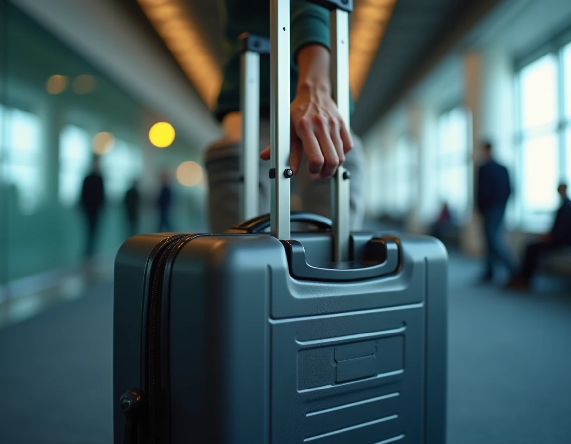 Valise cabine rigide testée dans un gabarit de dimensions IATA à la porte d'embarquement d'un aéroport