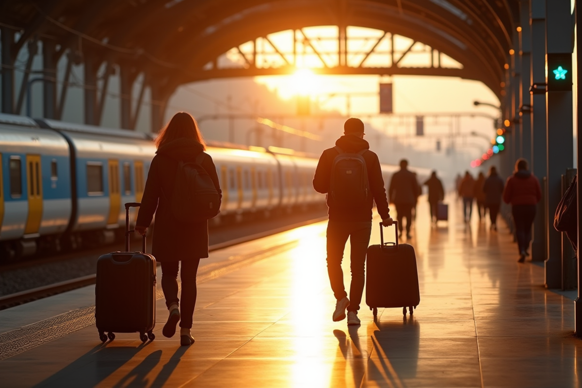 Plateforme de gare matinale avec voyageurs et bagages