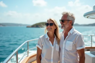 Bateau de croisière naviguant dans les eaux turquoise des Caraïbes