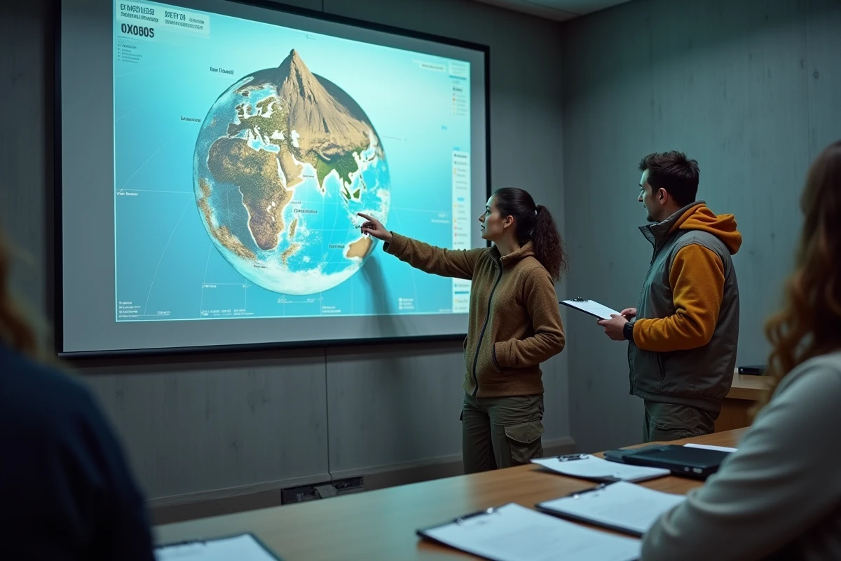 Deux géographes en salle de conférence universitaire analysant une projection cartographique comparative des altitudes mondiales