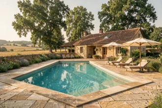 Gîte avec piscine en Nouvelle-Aquitaine entouré d'un jardin verdoyant et d'une terrasse en pierre sous le soleil d'été