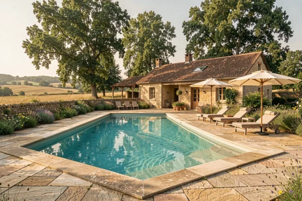 Gîte avec piscine en Nouvelle-Aquitaine entouré d'un jardin verdoyant et d'une terrasse en pierre sous le soleil d'été