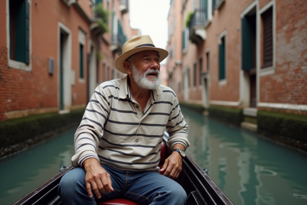 Gondolier vénitien avec chapeau en paille sur un canal