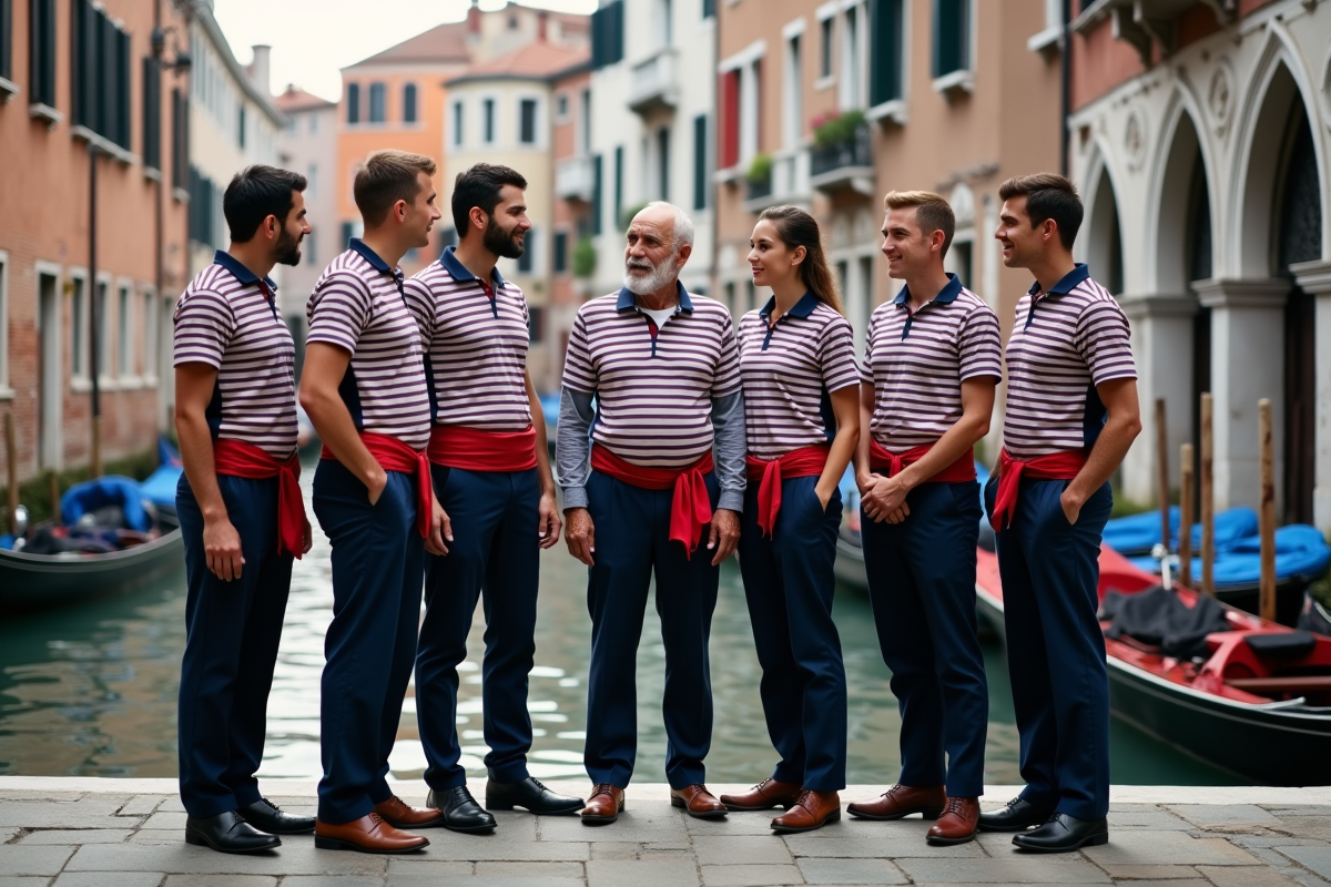 Groupe de gondoliers discutant sur le quai de Venise