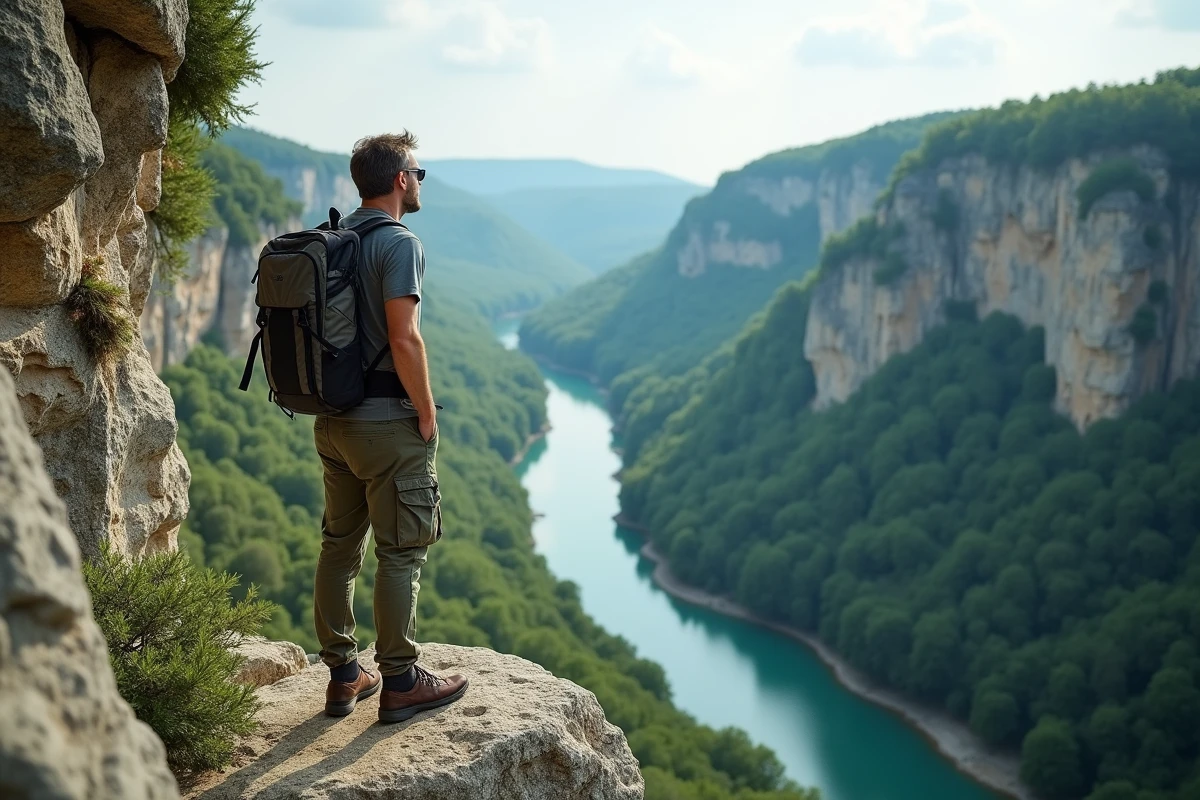 Randonneur contemplant les gorges sauvages et secrètes de l'Ardèche depuis un belvédère rocheux isolé