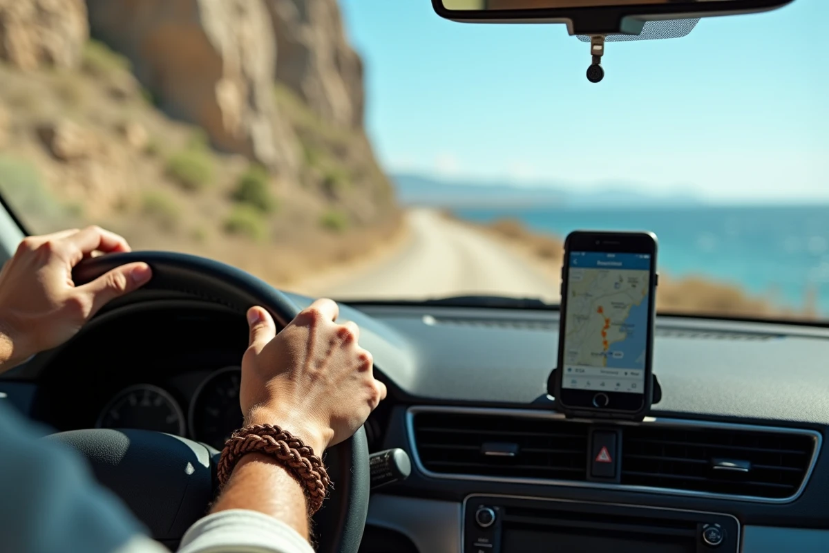 Navigation GPS sur smartphone dans une voiture approchant le parking de la Plage des 3 Pointes près de Bonifacio